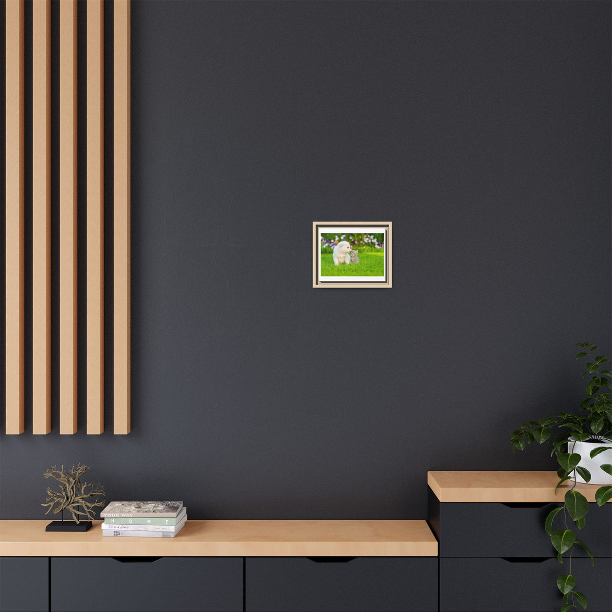 Framed Matte Canvas Print — Puppy & Kitten in a Sunny Garden