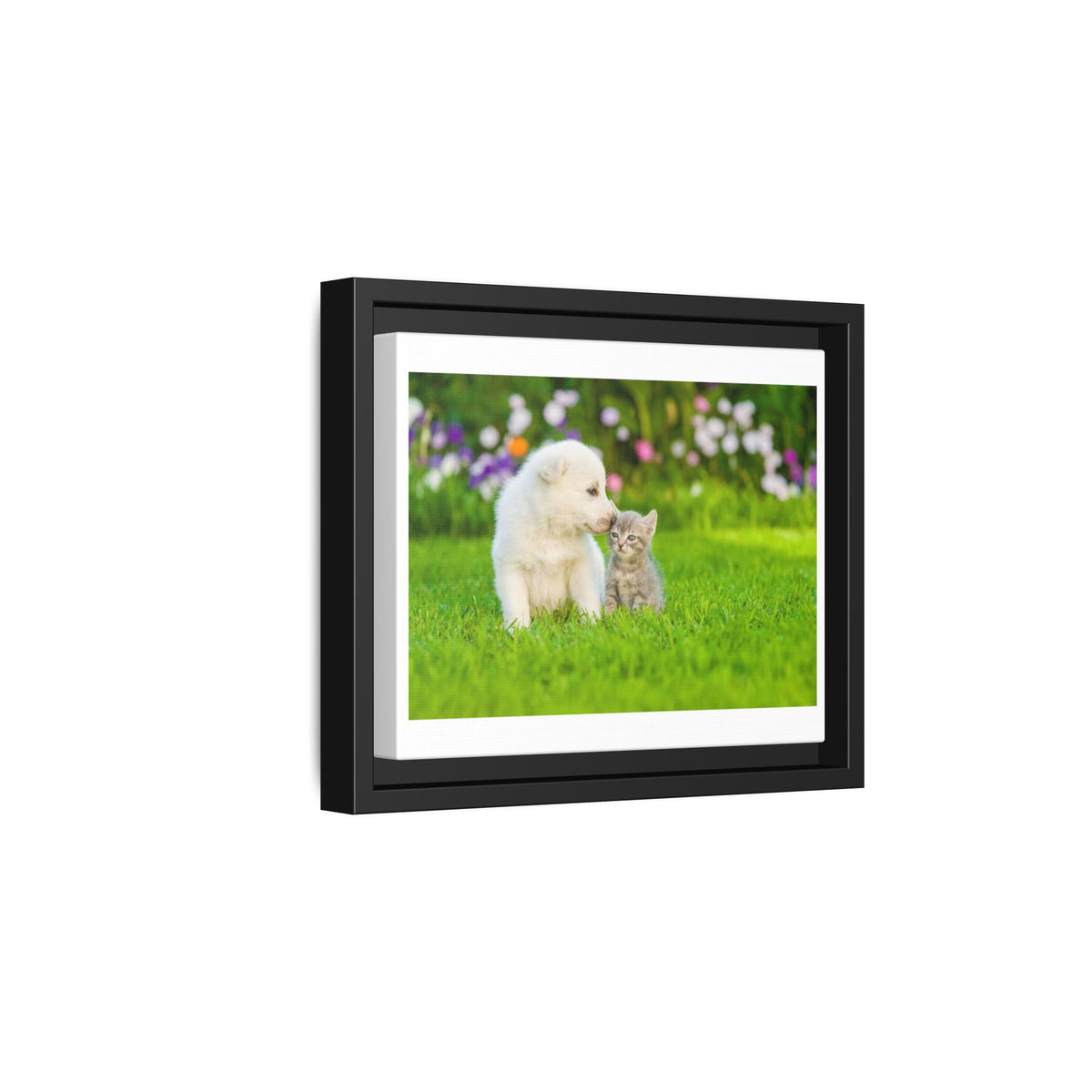 Framed Matte Canvas Print — Puppy & Kitten in a Sunny Garden