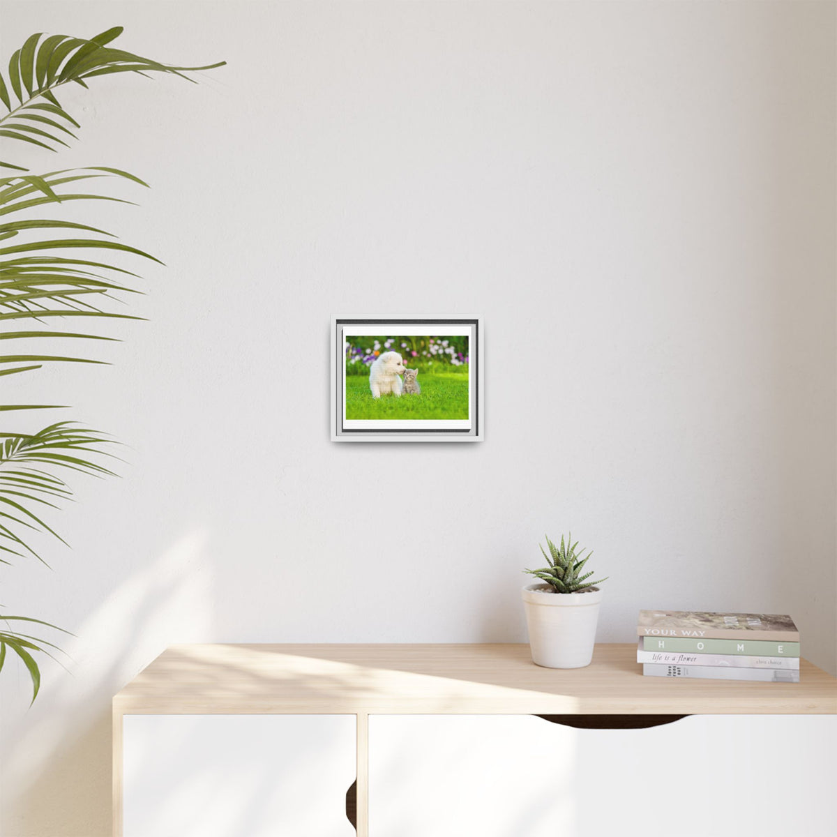 Framed Matte Canvas Print — Puppy & Kitten in a Sunny Garden