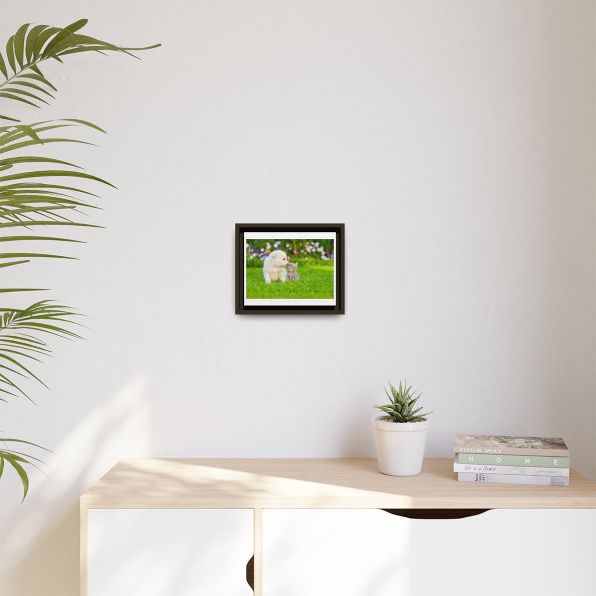 Framed Matte Canvas Print — Puppy & Kitten in a Sunny Garden