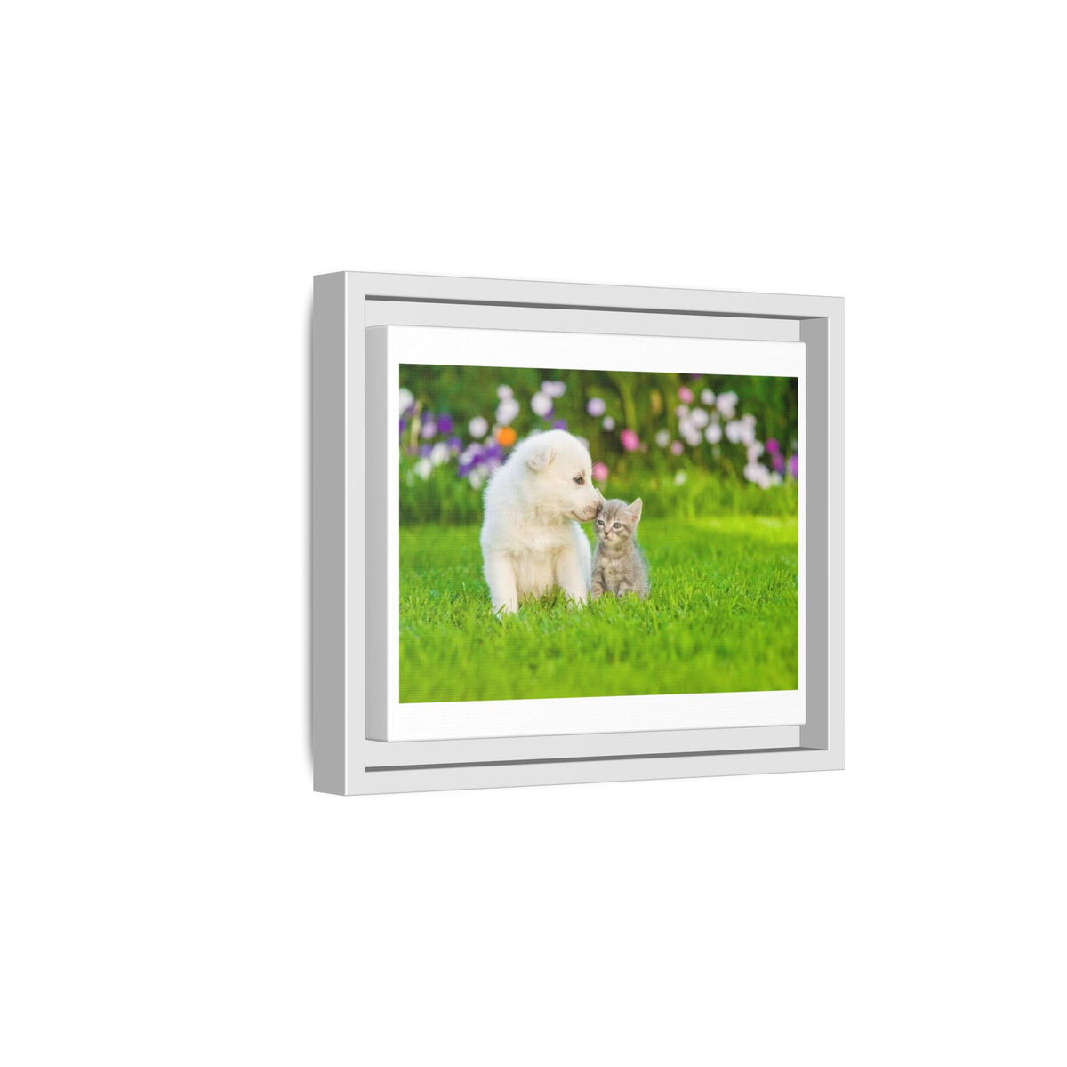 Framed Matte Canvas Print — Puppy & Kitten in a Sunny Garden