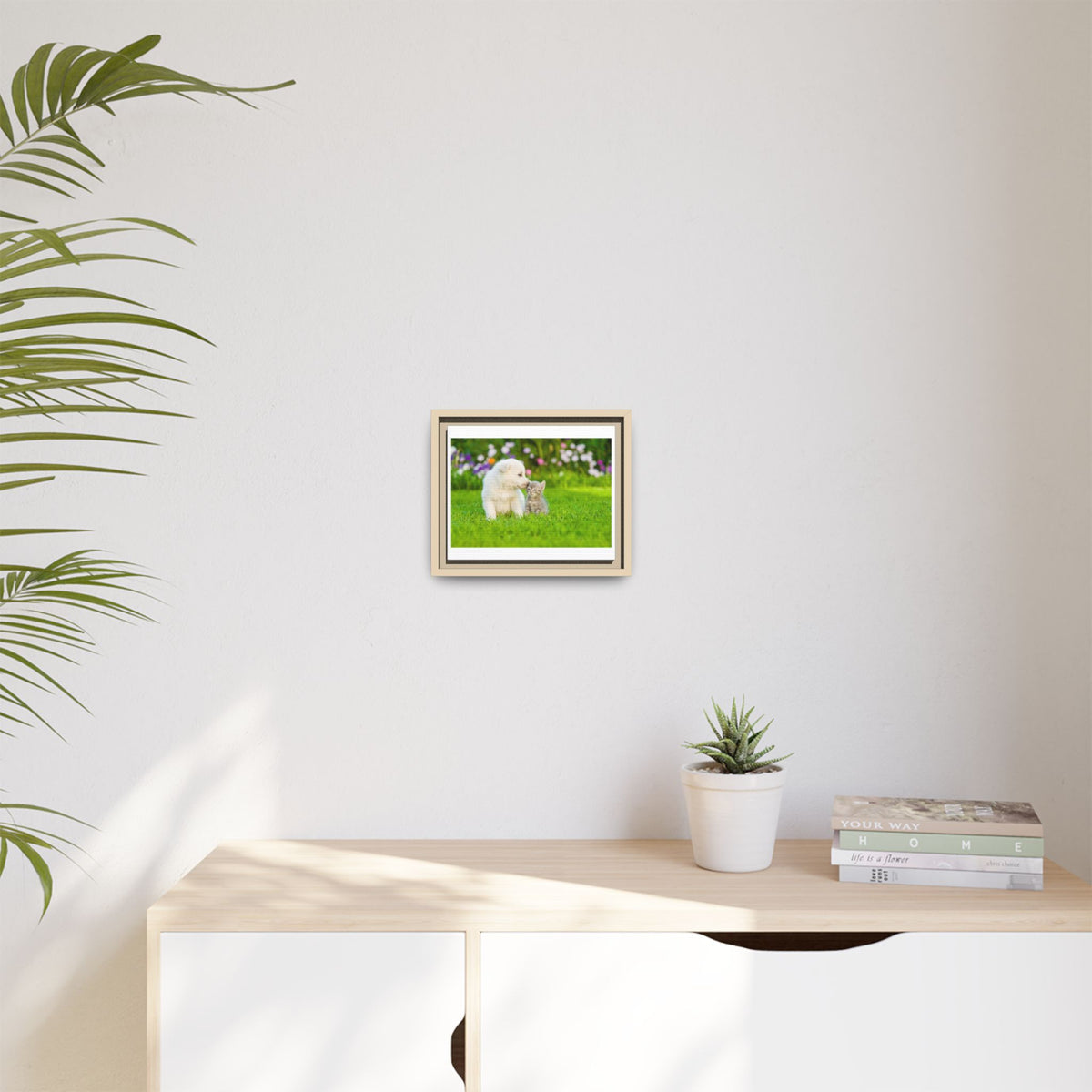 Framed Matte Canvas Print — Puppy & Kitten in a Sunny Garden