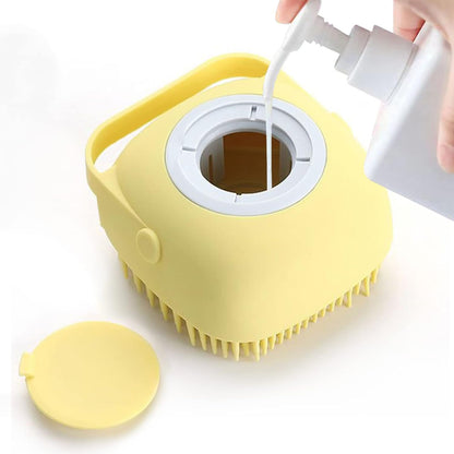Pet Grooming Bath Massage Brush with Soap and Shampoo Dispenser Soft Silicone Bristle for Long Short Haired Dogs Cats Shower (Yellow)