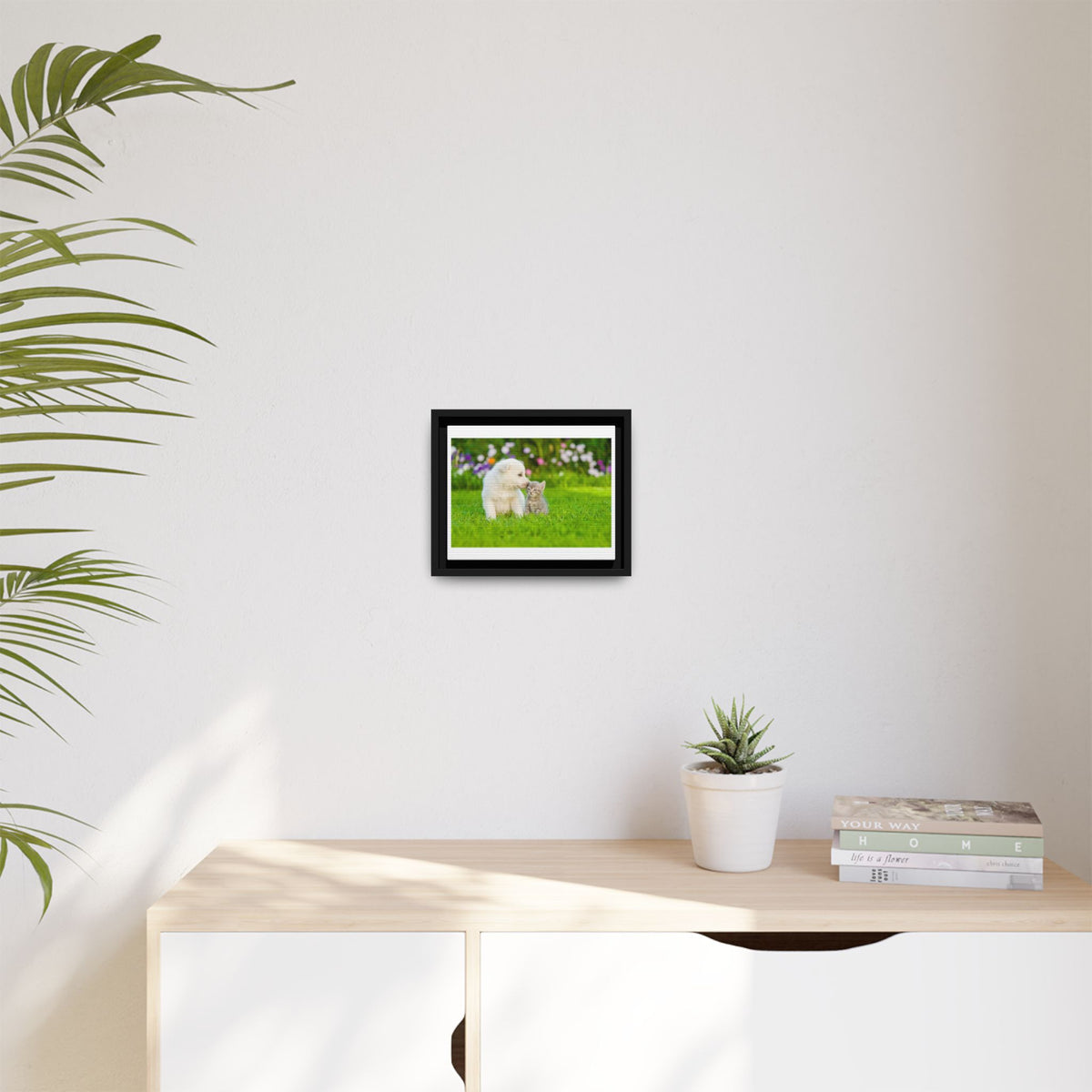 Framed Matte Canvas Print — Puppy & Kitten in a Sunny Garden