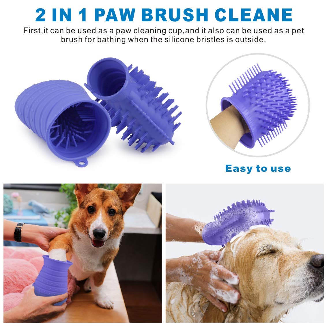 Dog Paw Cleaner Cup with Towel - Portable Pet Foot Washer and Grooming Brush for Dogs and Cats (Purple)