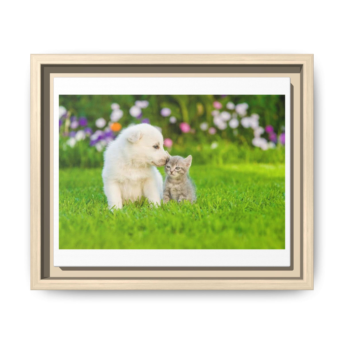 Framed Matte Canvas Print — Puppy & Kitten in a Sunny Garden