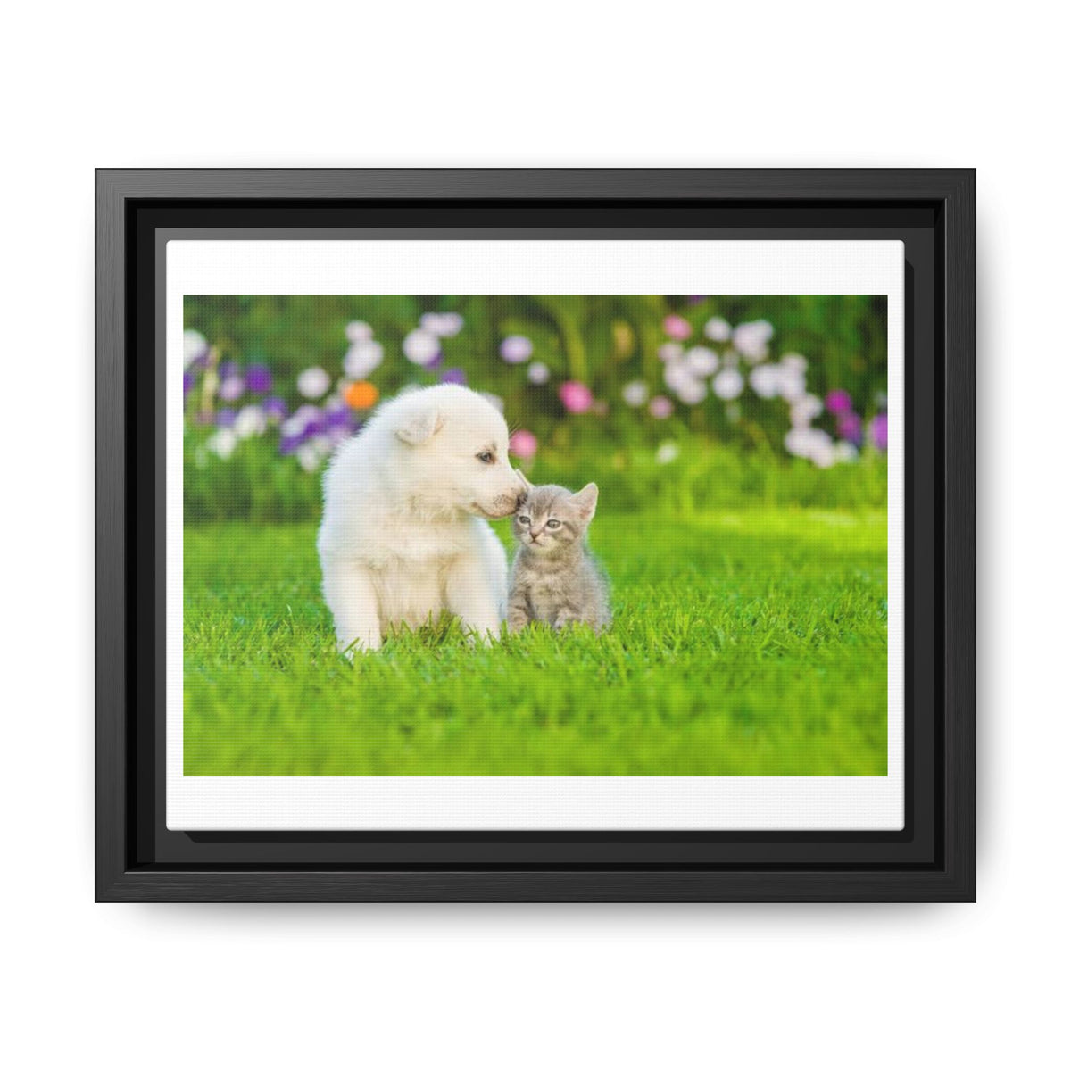 Framed Matte Canvas Print — Puppy & Kitten in a Sunny Garden