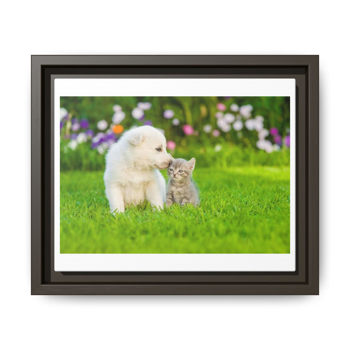 Framed Matte Canvas Print — Puppy & Kitten in a Sunny Garden