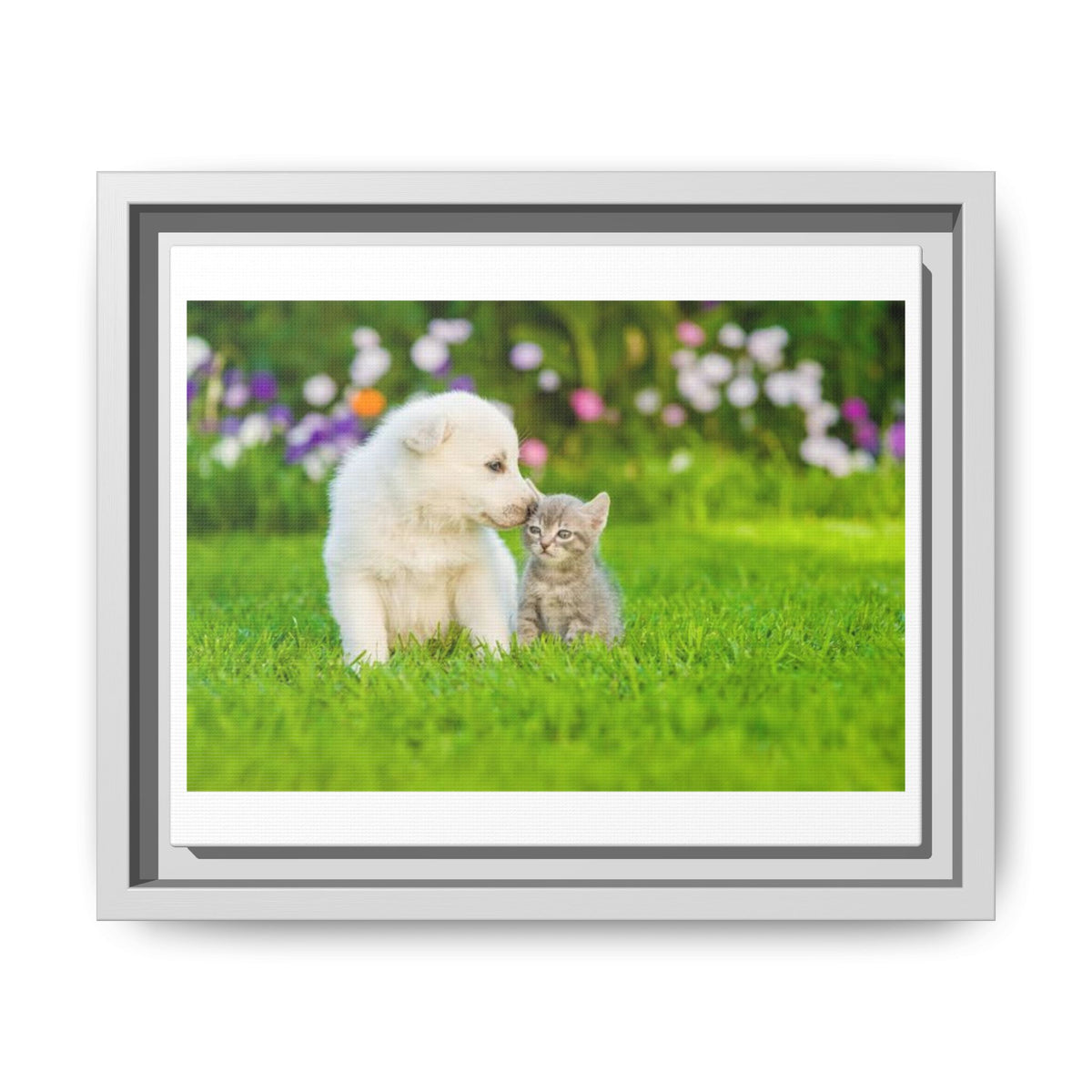Framed Matte Canvas Print — Puppy & Kitten in a Sunny Garden